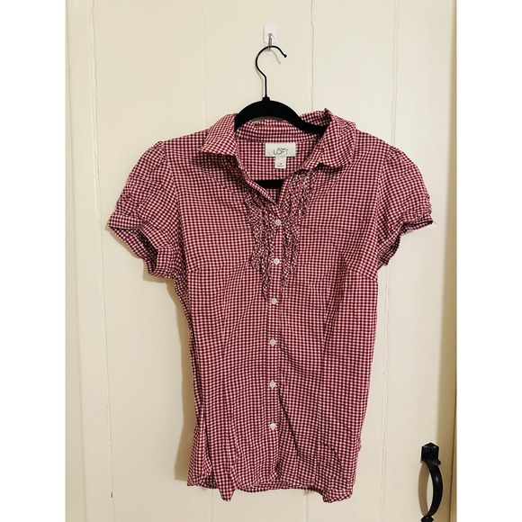 LOFT Tops - LOFT Red Gingham Ruffle Button Front Short Puff Sleeve Blouse Women's Size 8